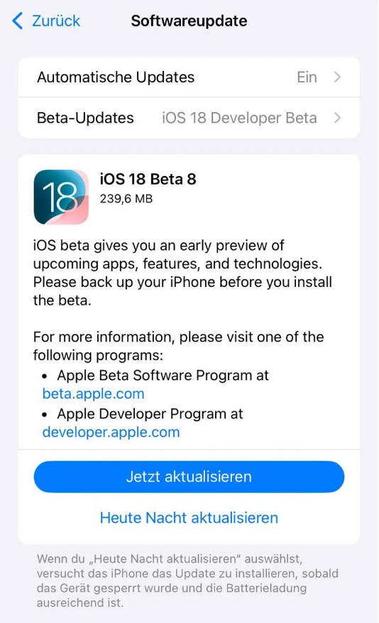 富文镇苹果手机维修分享苹果 iOS / iPadOS 18 开发者预览版 Beta 8 发布 